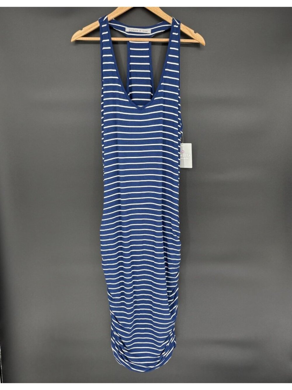 NWT Athleta Breton Stripe Racerback Midi Dress XL Blue White Ruched Draped